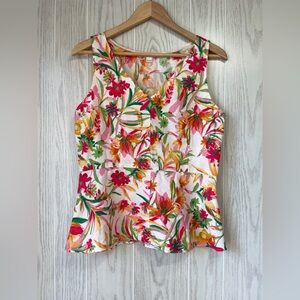 J Crew Printed Linen Cotton Peplum Tank Top Blouse Size 8 Pink Green Floral EUC